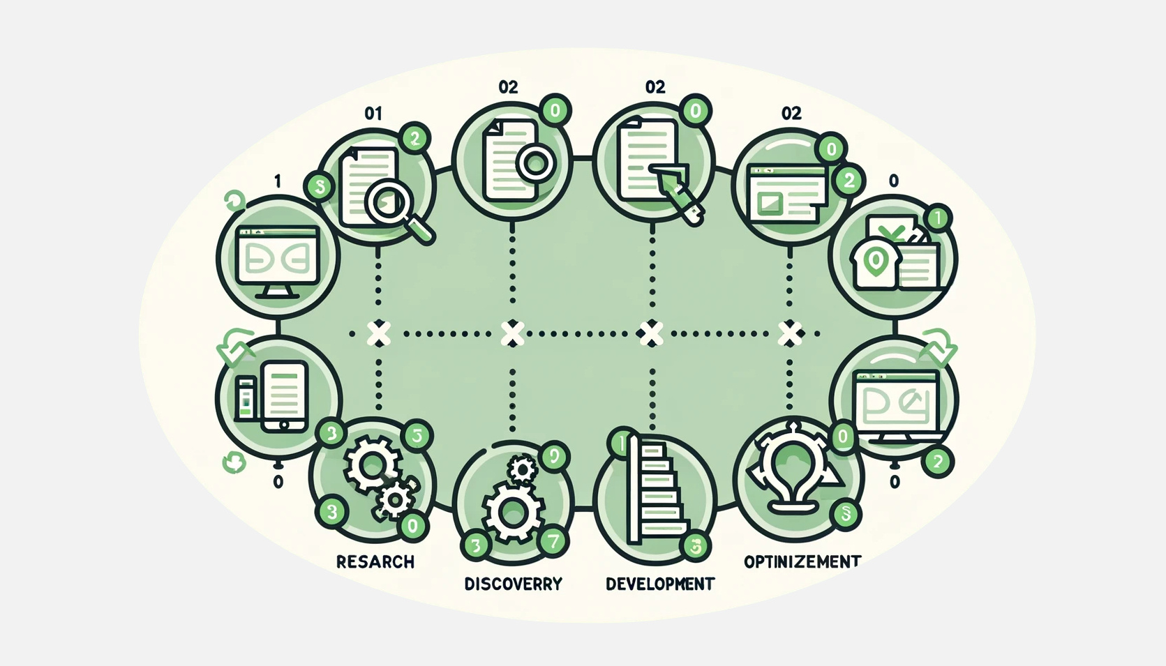 DALL·E 2024-10-22 17.05.31 - A horizontal layout of a six-step process with labeled icons representing each step_ Research, Discovery, Design, Development, Optimization, and Maint